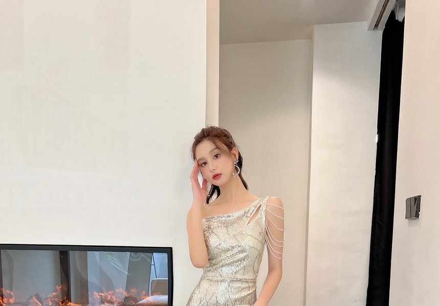 One-Shoulder Sequin Beaded Mermaid Evening Dress