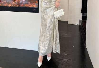 One-Shoulder Sequin Beaded Mermaid Evening Dress