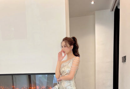 One-Shoulder Sequin Beaded Mermaid Evening Dress