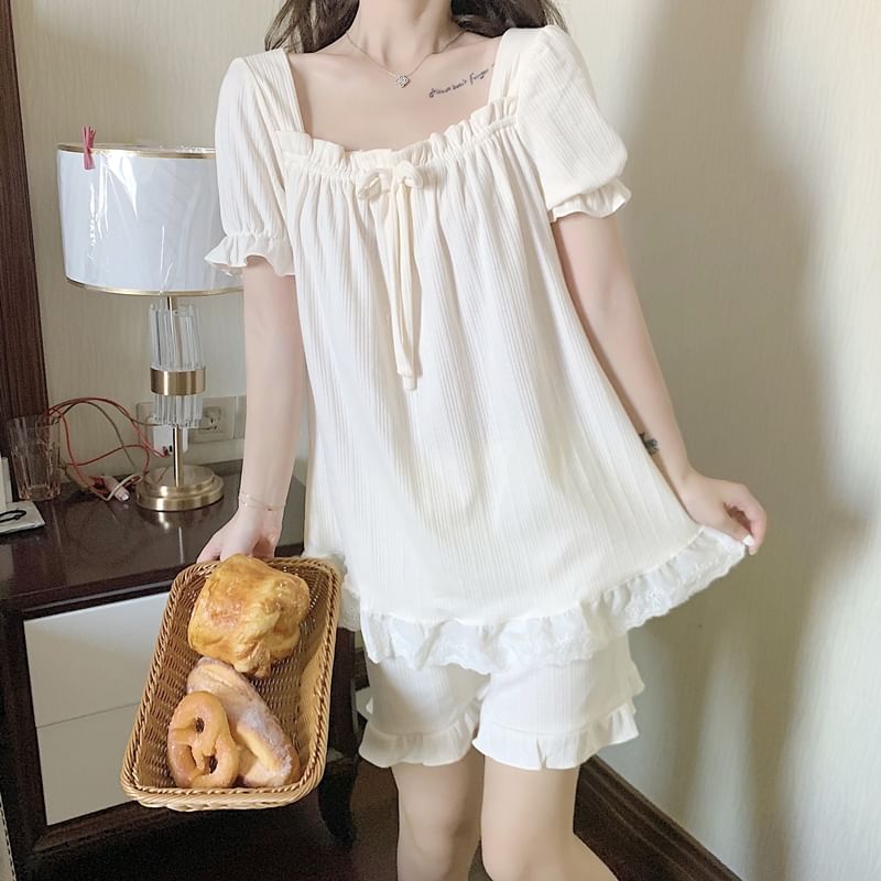 Square-Neck Lace-Trim Pajama Shorts Set