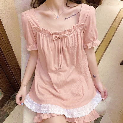 Square-Neck Lace-Trim Pajama Shorts Set