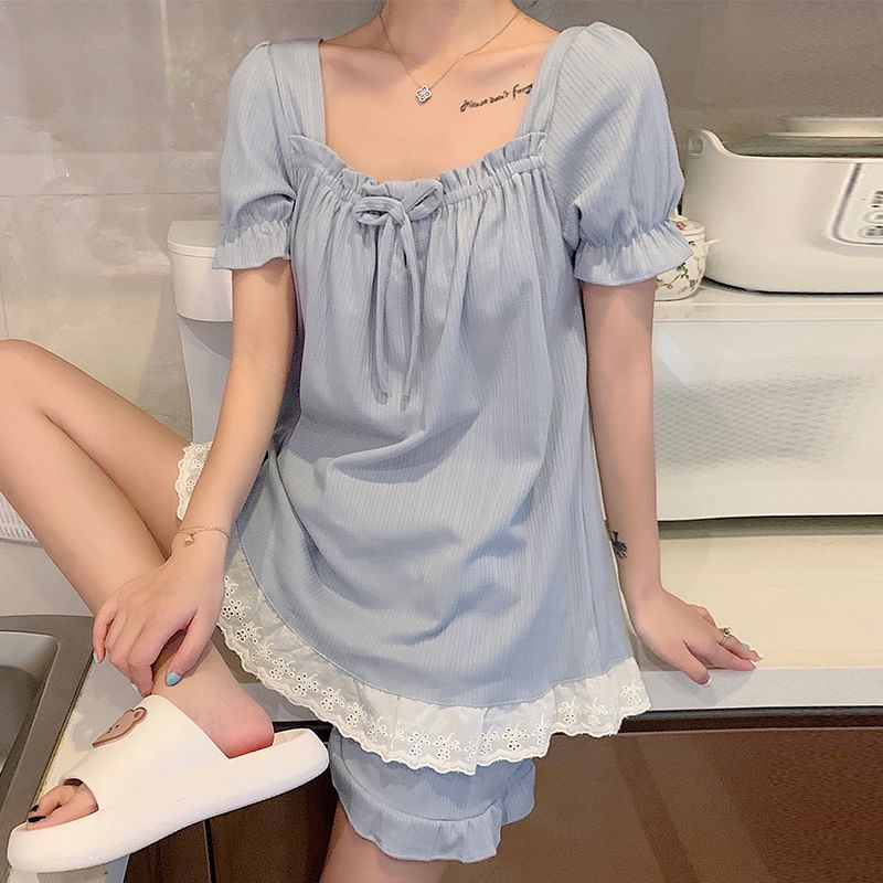 Square-Neck Lace-Trim Pajama Shorts Set