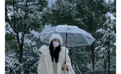 Faux Fur Trim Plain Hooded Open Front Woolen Coat