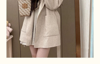 Faux Fur Trim Plain Hooded Tie-Waist Woolen Coat