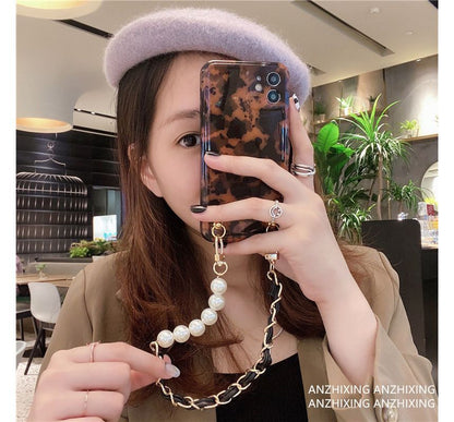 Leopard Print Faux Pearl Chain Phone Case