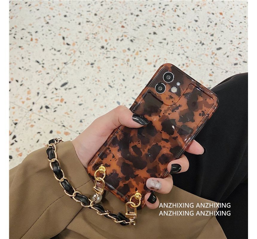 Leopard Print Faux Pearl Chain Phone Case