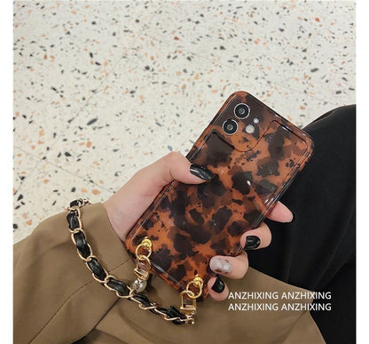 Leopard Print Faux Pearl Chain Phone Case