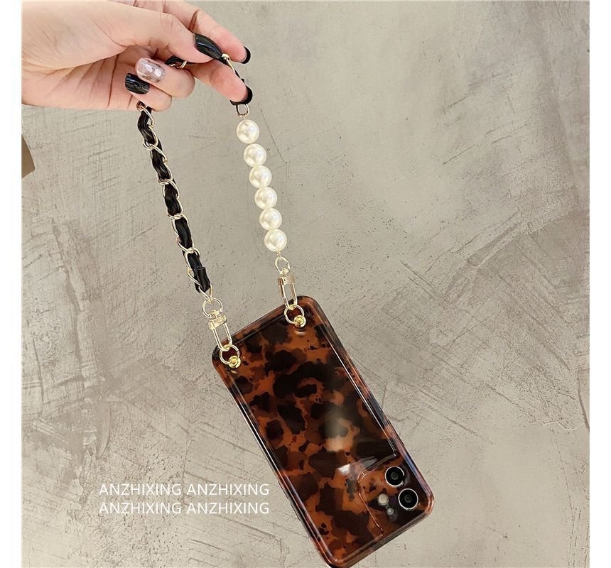 Leopard Print Faux Pearl Chain Phone Case