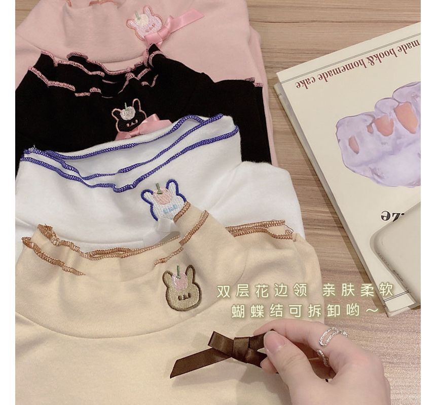 Long-Sleeve Rabbit Embroidered Lettuce Edge Tee