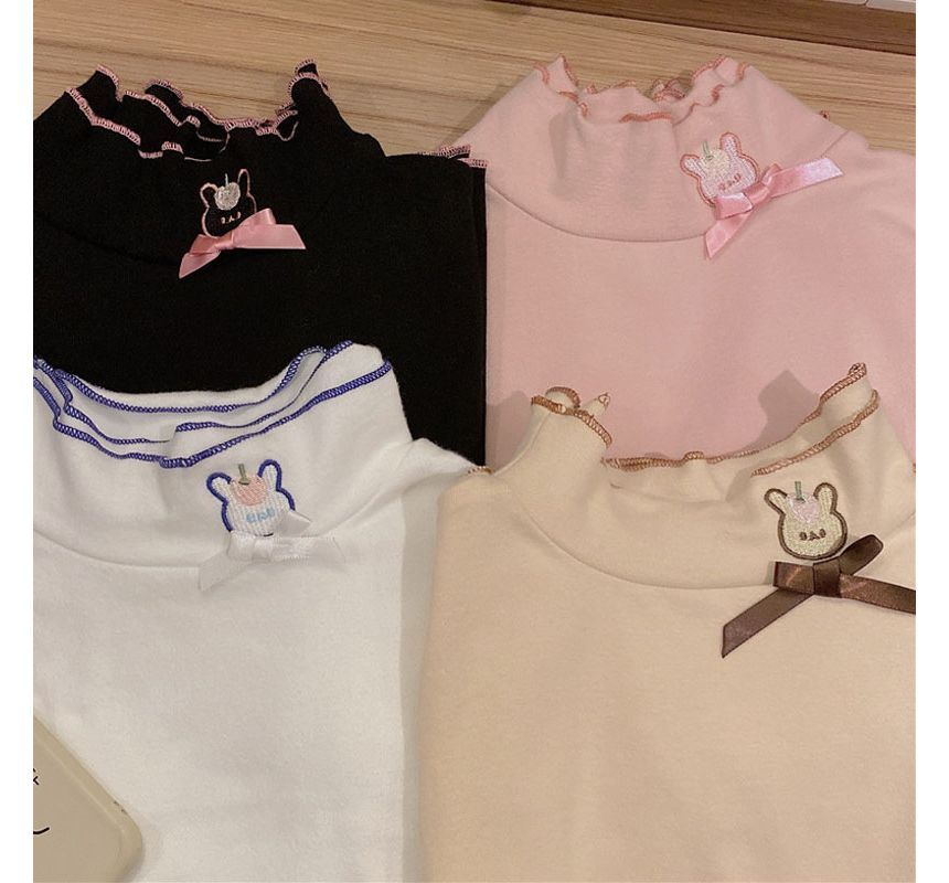 Long-Sleeve Rabbit Embroidered Lettuce Edge Tee