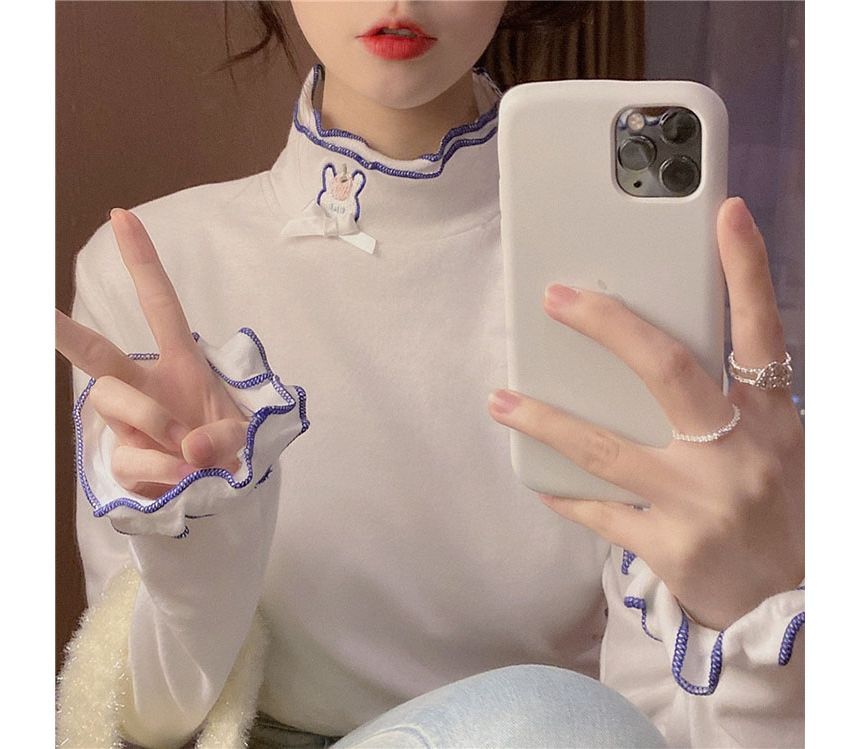 Long-Sleeve Rabbit Embroidered Lettuce Edge Tee