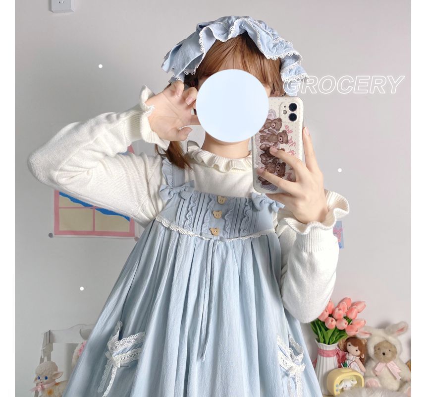 Lolita Pullover mit Puffärmeln, Rüschenbesatz und hohem Kragen, schlicht