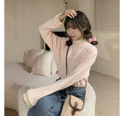 Long-Sleeve Lace Trim High Neck Tee