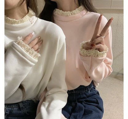 Long-Sleeve Lace Trim High Neck Tee