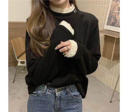 Long-Sleeve Lace Trim High Neck Tee