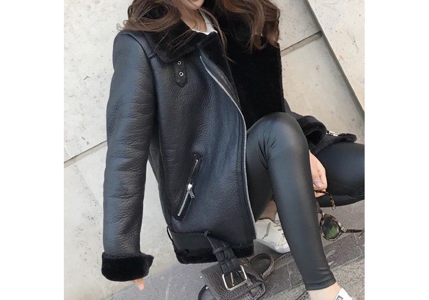 Long Sleeve Faux Leather Furry-Trim Jacket