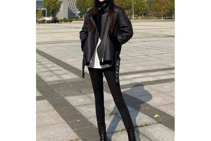 Long Sleeve Faux Leather Furry-Trim Jacket