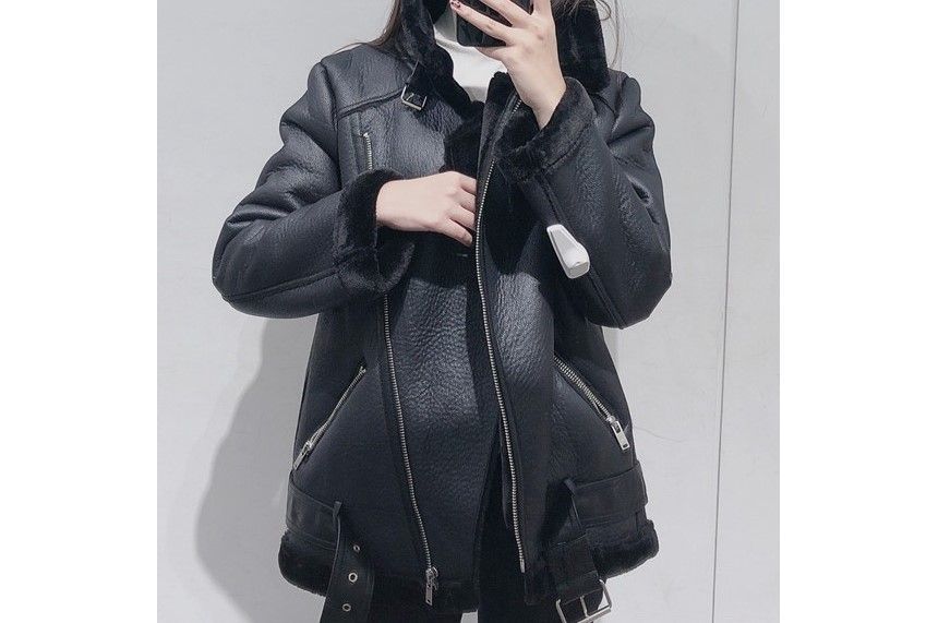 Long Sleeve Faux Leather Furry-Trim Jacket