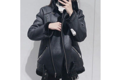 Long Sleeve Faux Leather Furry-Trim Jacket