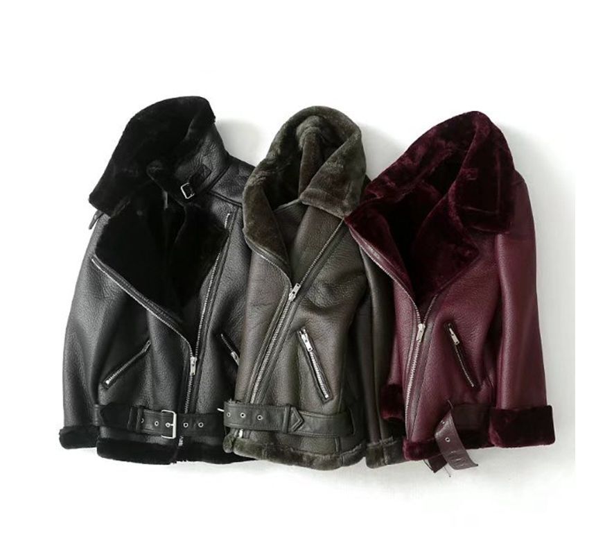 Long Sleeve Faux Leather Furry-Trim Jacket