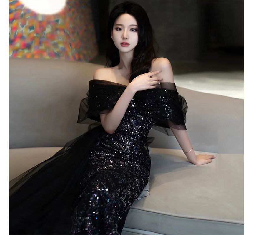 Gown Elbow-Sleeve Sequined Evening Off Shoulder Trained Mermaid Mesh Panel