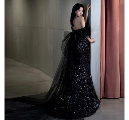 Elbow-Sleeve Off Shoulder Mesh Panel Trained Sequined Mermaid Evening Gown