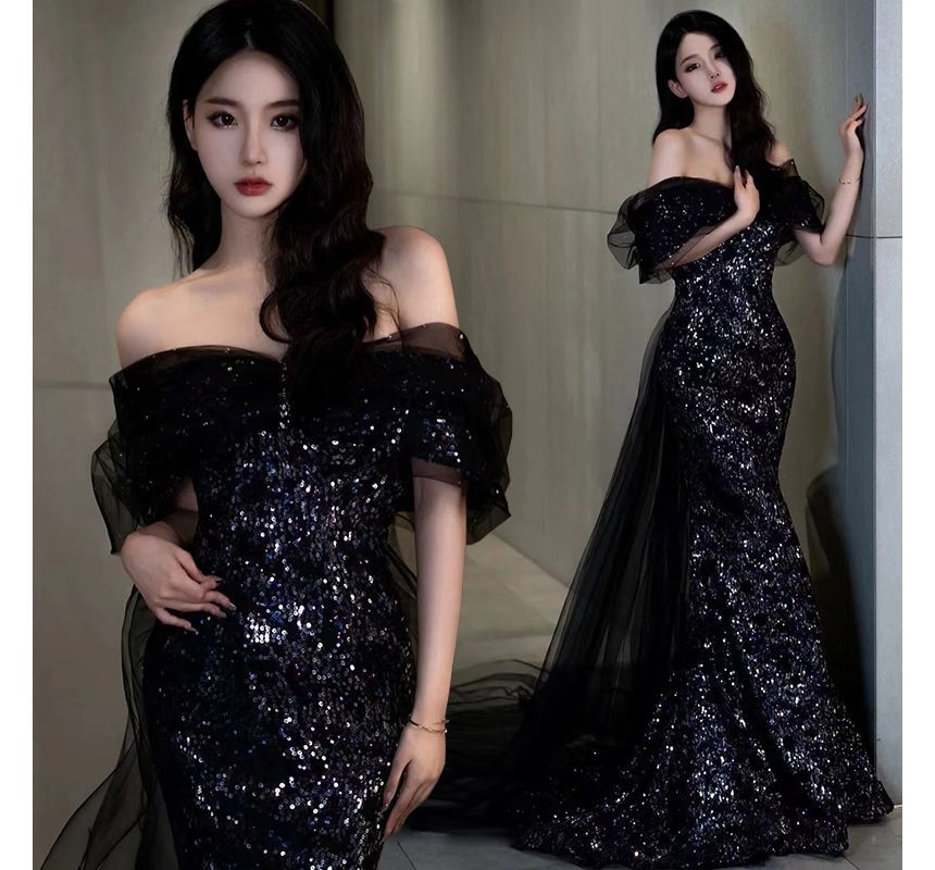 Elbow-Sleeve Off Shoulder Mesh Panel Trained Sequined Mermaid Evening Gown