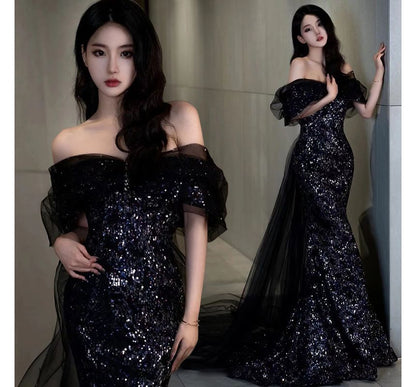 Elbow-Sleeve Off Shoulder Mesh Panel Trained Sequined Mermaid Evening Gown