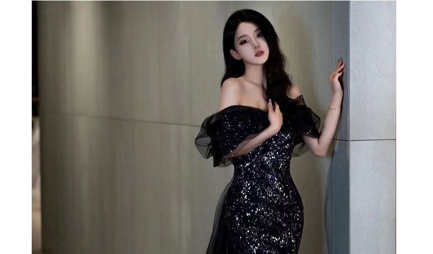 Elbow-Sleeve Off Shoulder Mesh Panel Trained Sequined Mermaid Evening Gown