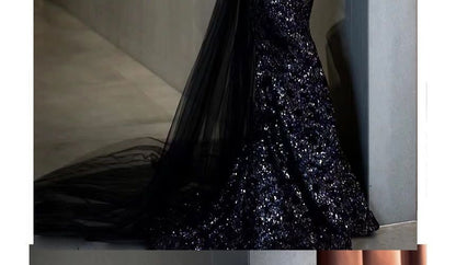 Gown Elbow-Sleeve Sequined Evening Off Shoulder Trained Mermaid Mesh Panel