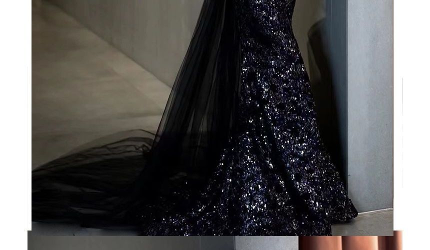 Elbow-Sleeve Off Shoulder Mesh Panel Trained Sequined Mermaid Evening Gown