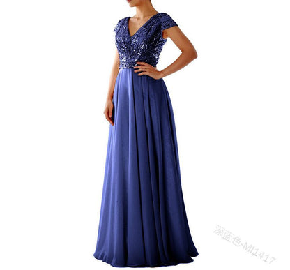 Sequined Evening Gown Short-Sleeve A-Line