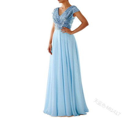 Sequined Evening Gown Short-Sleeve A-Line