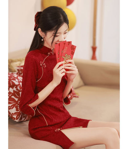 Elbow-Sleeve Lace Mini Qipao