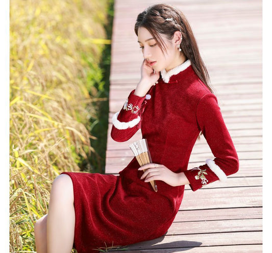 Long-Sleeve Fleece Trim Floral A-Line Qipao