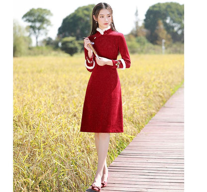 Long-Sleeve Fleece Trim Floral A-Line Qipao