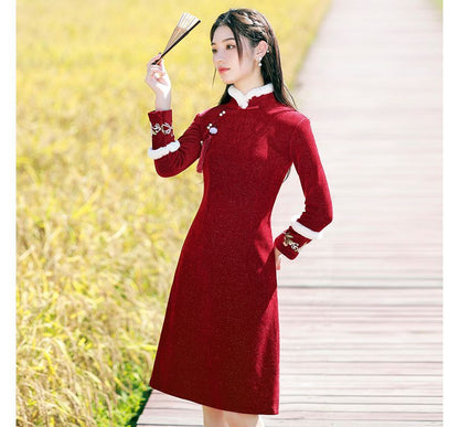 Long-Sleeve Fleece Trim Floral A-Line Qipao
