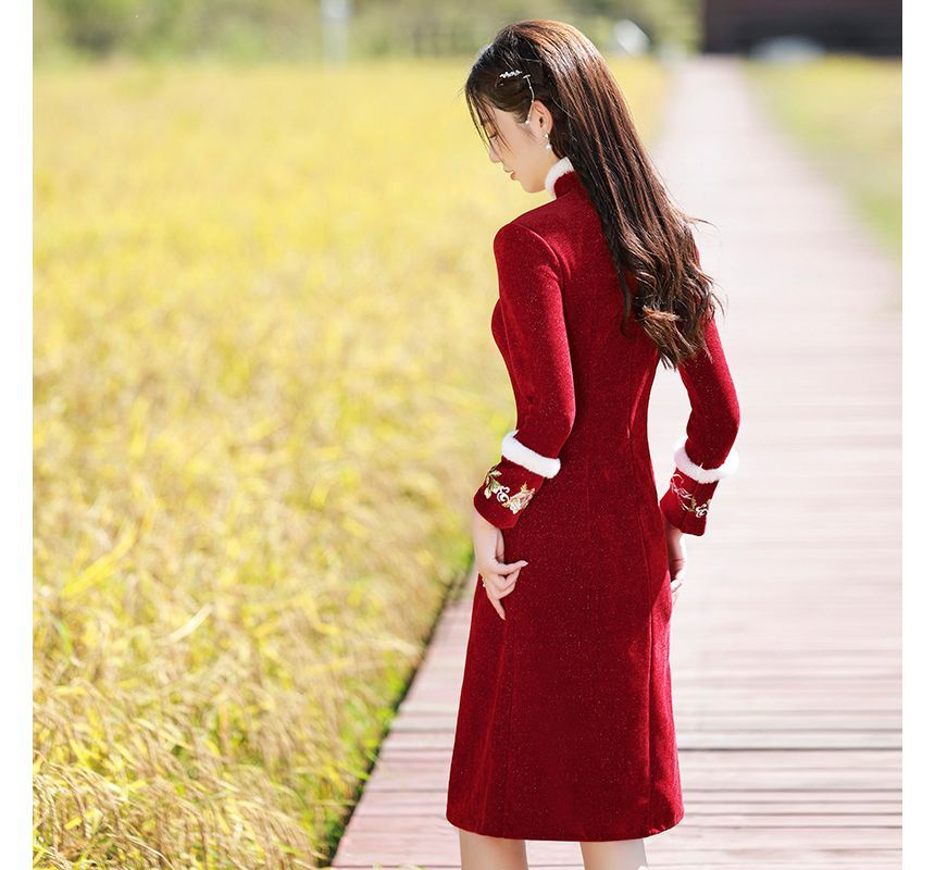 Long-Sleeve Fleece Trim Floral A-Line Qipao