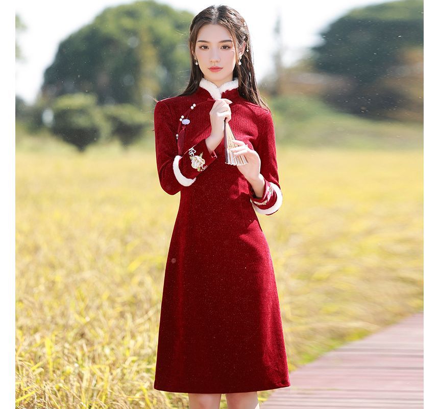 Long-Sleeve Fleece Trim Floral A-Line Qipao