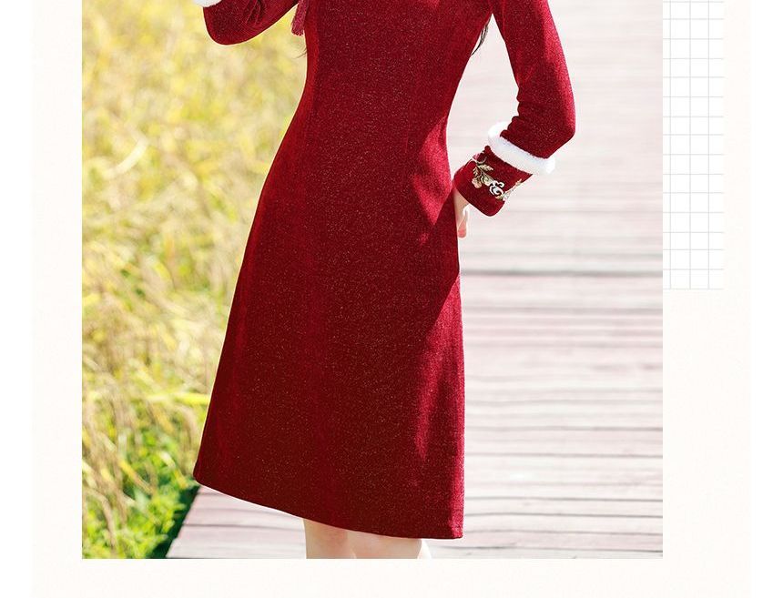 Long-Sleeve Fleece Trim Floral A-Line Qipao