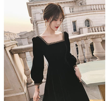 Long-Sleeve Square Neck Midi A-Line Dress