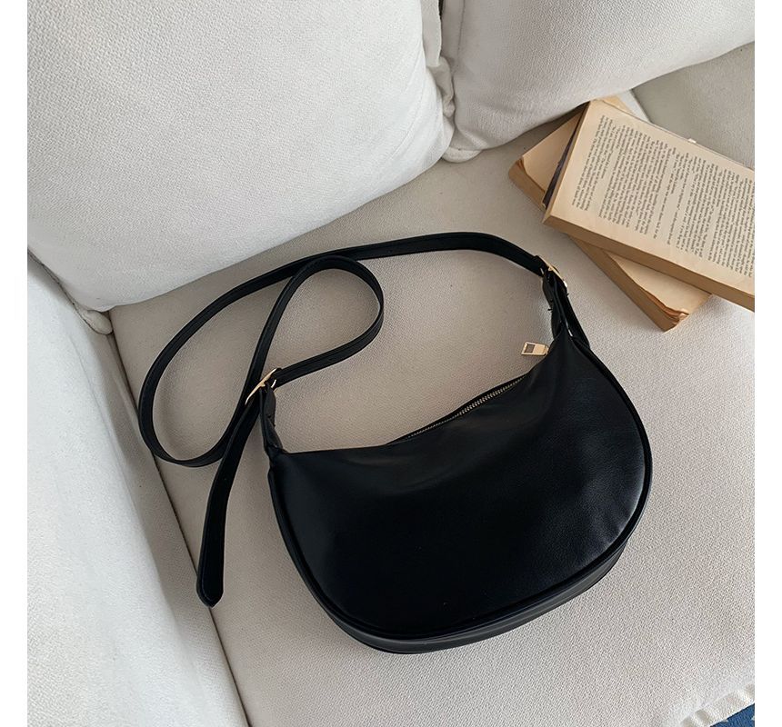 Faux Leather Zipper Crossbody Plain Hobo Bag