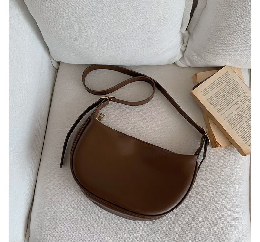 Faux Leather Zipper Crossbody Plain Hobo Bag