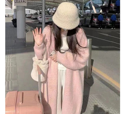 Plain Open Front Faux Fur Long Cardigan