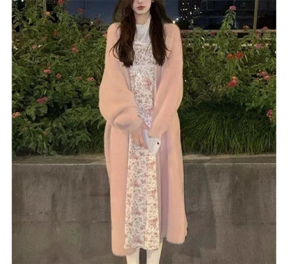 Plain Open Front Faux Fur Long Cardigan
