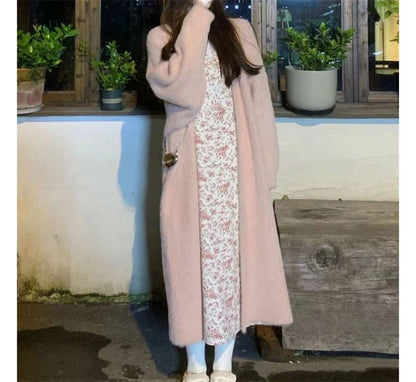 Plain Open Front Faux Fur Long Cardigan