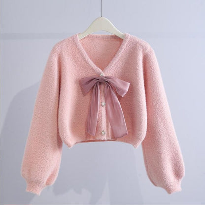 V-Neck Ribbon Accent Faux Fur Button-Up Cardigan