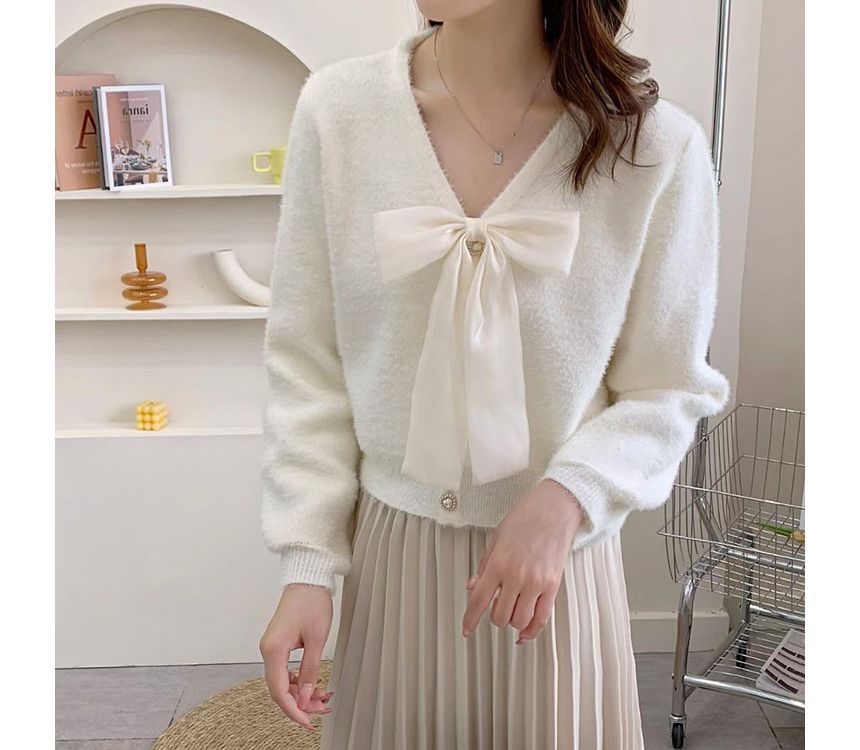 V-Neck Ribbon Accent Faux Fur Button-Up Cardigan