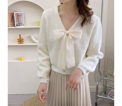 V-Neck Ribbon Accent Faux Fur Button-Up Cardigan