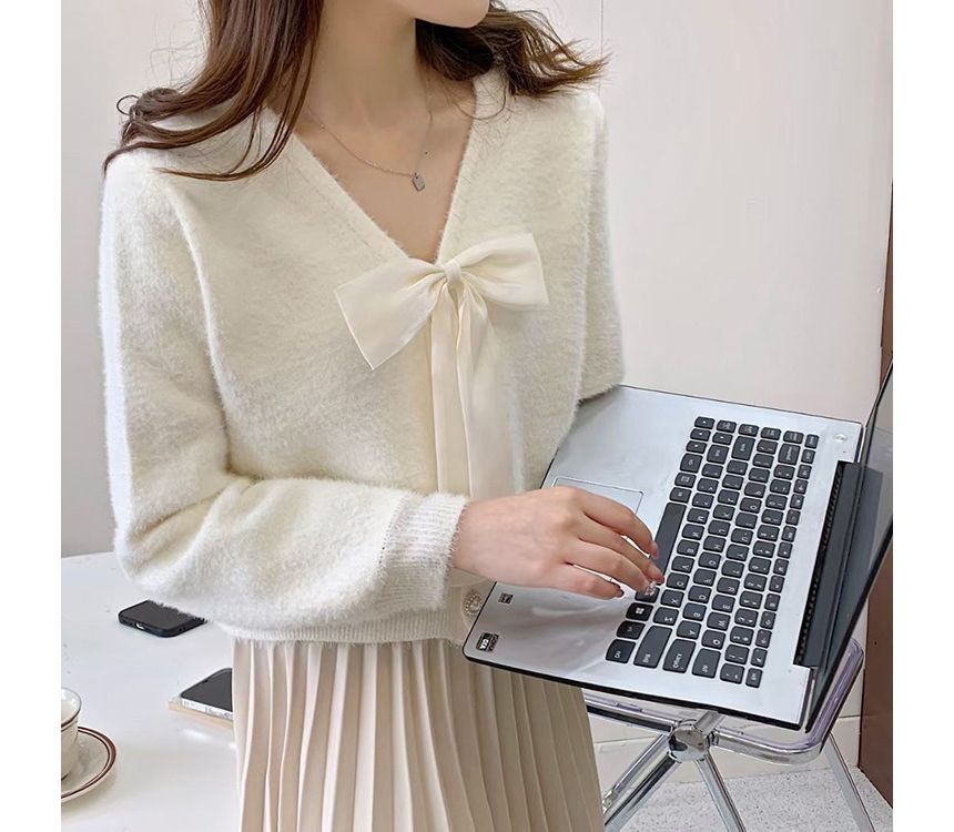 V-Neck Ribbon Accent Faux Fur Button-Up Cardigan